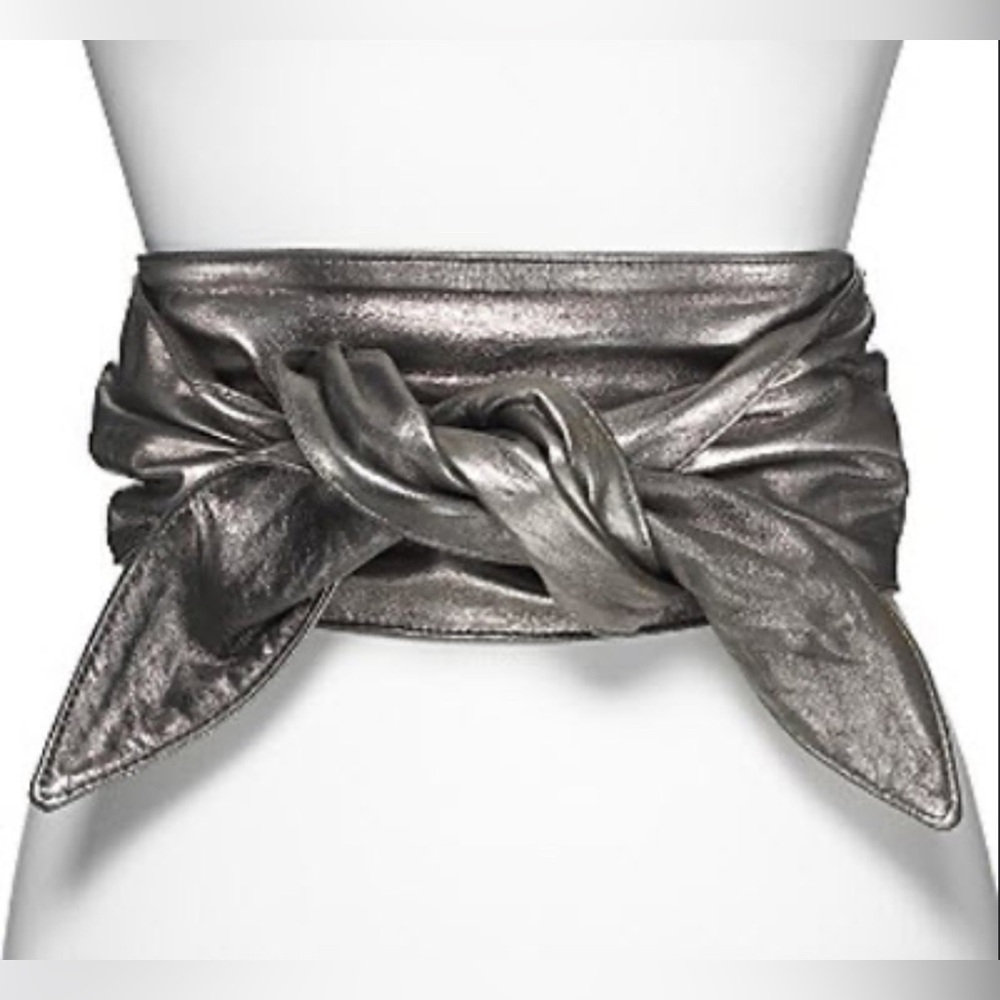 Halston Heritage Metallic Leather Double Sash Obi Belt Pewter Vintage Y2K Small